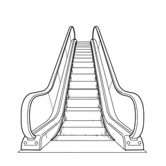 Drawn escalator with parallel, moving stairs and black outlines, white background