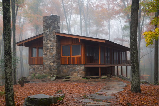 Rustic Wooden Cabin In Autumn Woods - Powered by Adobe