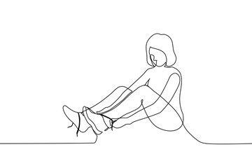 woman sitting on floor tying shoelaces - one line art vector. concept problems with tying shoelaces, diseases apraxia or dyspraxia