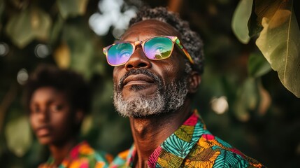 A striking portrait of an older man against a lush green backdrop, showcasing his colorful attire and reflective glasses, evoking a sense of wisdom and tranquility.