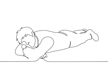 man full length lying on stomach with folded hands and head on them looking at camera - one line art vector