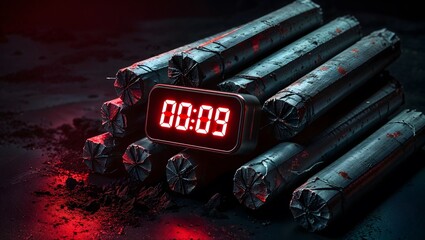 Dynamite sticks stacked with a digital timer showing nine seconds left in a dark setting