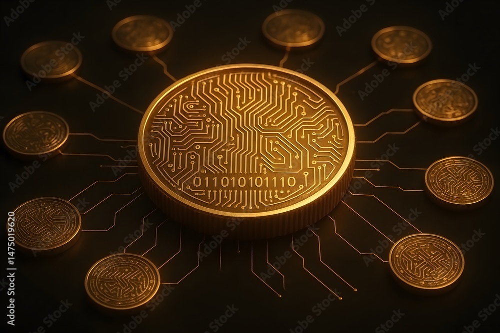 Poster a conceptual digital representation of cryptocurrency and blockchain technology connecting with gold