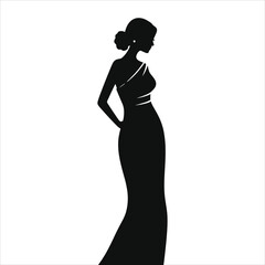 Elegant Vector Silhouette of a Woman in a   One-Shoulder Formal Gown/A sophisticated silhouette of a woman in a stylish, formal gown.