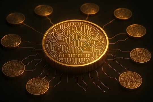 A conceptual digital representation of cryptocurrency and blockchain technology connecting with golden coins and electronic circuits on a dark background for cybersecurity and business purposes