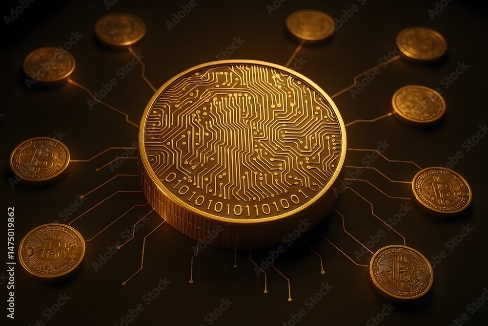 Poster conceptual illustration of a bitcoin cryptocurrency network depicting cybersecurity in the digital f
