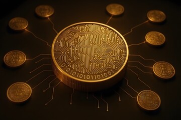 Conceptual illustration of a bitcoin cryptocurrency network depicting cybersecurity in the digital financial business world