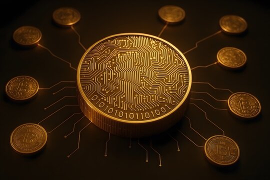 Conceptual illustration of a bitcoin cryptocurrency network depicting cybersecurity in the digital financial business world