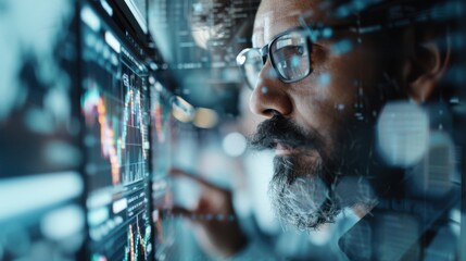 A professional, deeply engrossed in analyzing financial data, exhibits concentration and expertise as they navigate complex graphs and metrics shown on a digital interface.