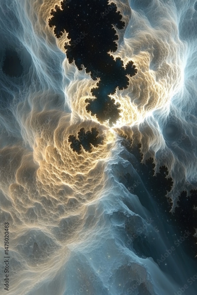 Poster abstract fractal art rendering of celestial clouds and cosmic space from low angle view showing dept