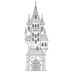Fototapeta premium Intricate line drawing shows an tall, elegant, gothic castle with many windows and pointed towers