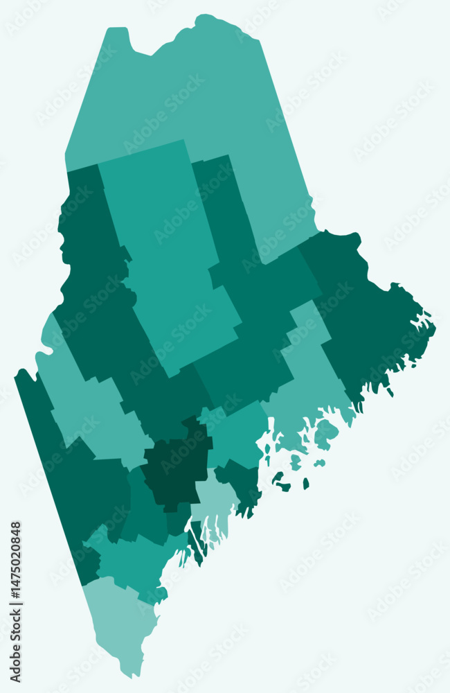 Poster map of maine with counties. just a simple state border map with county division. teal color palette.