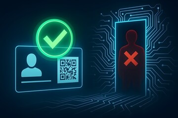 Digital identity verification and access control illustrating cybersecurity for business with successful and rejected authentication in a futuristic digital environment.