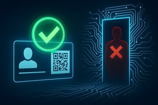 Digital identity verification and access control illustrating cybersecurity for business with successful and rejected authentication in a futuristic digital environment.