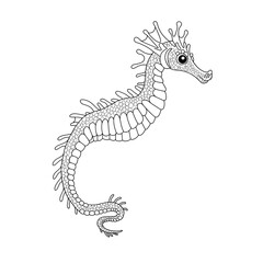 Obraz premium An outlined seahorse drawing with large eye, patterned body & frilly appendages on white