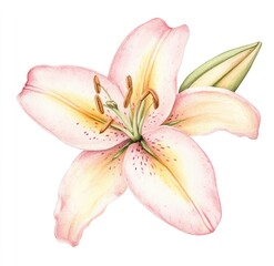 Delicate, pastel-colored lily, light pink and pale yellow petals, detailed stamens