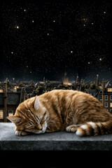 Giant cozy cat sleeping across city rooftops at night, tiny people taking photos, starry sky, whimsical and humorous tone, soft lighting, hand-painted style
Generative AI