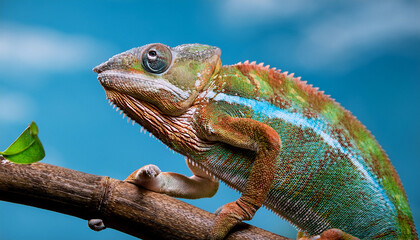 Obraz premium veiled chameleon on branch outside in nature mostly green with sky blue background he looks happy