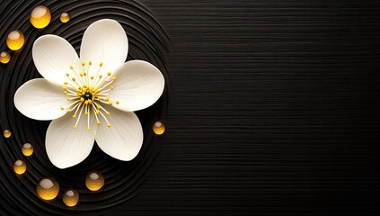 A delicate white flower sits on a dark, textured surface with golden spheres