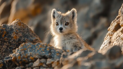Naklejka premium Arctic fox pup cautiously observes, nestled among rocky terrain in warmth