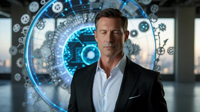 Business professional interacting with an artificial intelligence (AI) conceptual interface, amidst gears and digital icons related to AI, Artificial Intelligence technology concept.