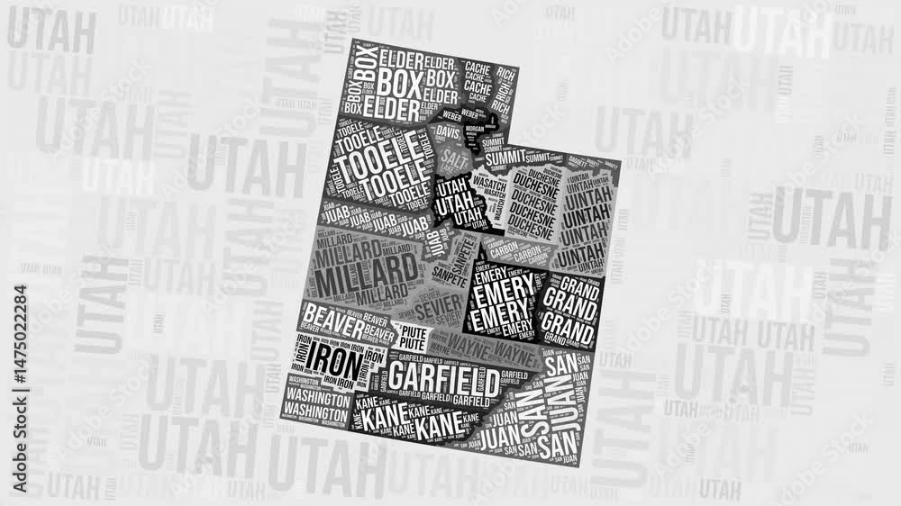 Poster utah animation. visual effect of utah counties appearing in black and white word clouds style. state