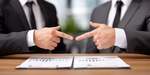 Obraz premium Two business professionals in suits point at documents with charts during serious trade deal negotiation at office table