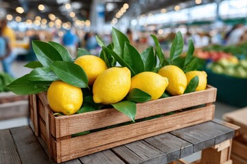 Fresh lemons in a wooden crate displayed at a bustling farmers market on a sunny day