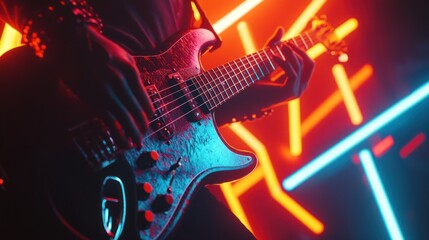 Electric guitar performance in a vibrant neon setting, musical expression