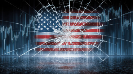 Broken glass with American flag background symbolizes trade, deal, crisis, and economic uncertainty in dramatic scene