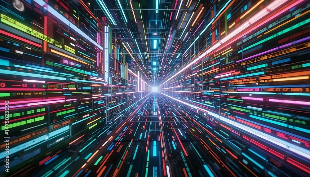 Poster abstract perspective showcases a futuristic grid of glowing lines converging into a central point.