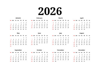 Calendar for 2026 isolated on a white background