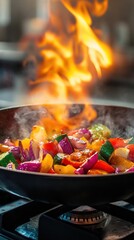 Colorful vegetables stir frying in pan
