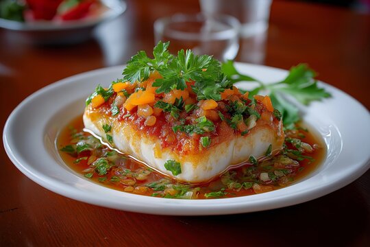 Plate of Ryba po Grecku, Polish fish dish, garnished with vegetables, parsley, placed on wooden table. Concept of Ryba po Grecku, vibrant presentation, culinary art.