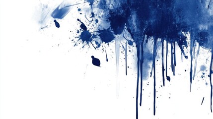 Fototapeta premium Abstract Indigo Ink Splatter on White Background, Dramatic Drips and Splashes, High Angle, Studio Shot, Artistic Expression