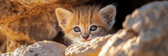 Obraz premium Sand cat kitten peeking through rocky desert crevice, cute animal portrait