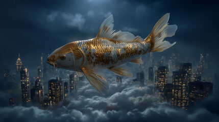 Giant koi fish swim between skyscrapers at twilight, clouds below like an ocean, magical realism and whimsical urban fantasy
Generative AI