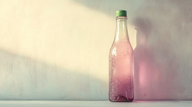 Vintage rose elixir bottle with green cap in sunlit minimalistic backdrop