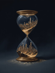 Sand turns into a sprawling city skyline inside an hourglass, symbolizing time and urban growth, dramatic light and surreal concept
Generative AI