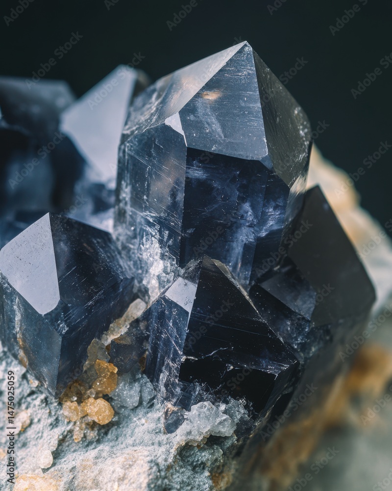 Poster macro shot of dark smoky quartz crystal cluster on matrix with sharp facets studio shot geology gemo