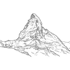 Mountain peak line art. Detailed rocky terrain and sharp ridges in a monochrome palette