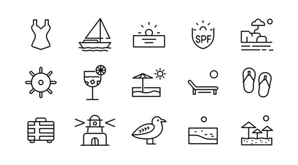 Beach line icon set. Travel, summer, vacation, surfboard, holiday, tourism, hotel, passport, maps, landscape, sea, tour, outline linear icon collection. Vector thin icon pack