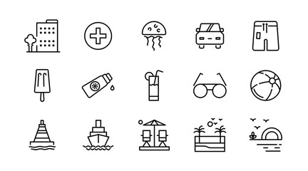 Beach line icon set. Travel, summer, vacation, surfboard, holiday, tourism, hotel, passport, maps, landscape, sea, tour, outline linear icon collection. Vector thin icon pack
