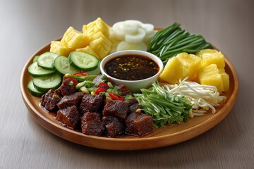 Rujak Cingur, vegetable salad with beef snout on wooden plate. Concept of Rujak Cingur highlights vibrant colors, soft lighting, and aesthetic arrangement of ingredients.