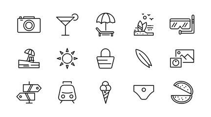 Beach line icon set. Travel, summer, vacation, surfboard, holiday, tourism, hotel, passport, maps, landscape, sea, tour, outline linear icon collection. Vector thin icon pack
