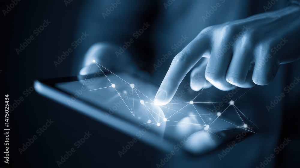 Poster close-up view of hands interacting with a tablet displaying digital network.