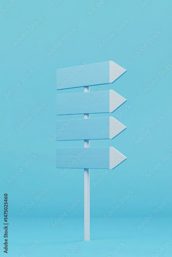 Poster directional signpost on blue background studio shot indicating multiple choices and paths forward in