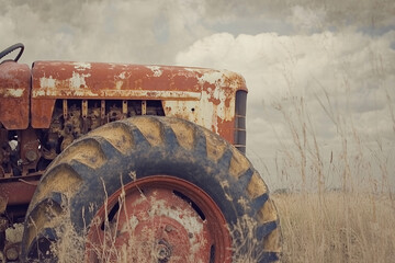 Rusty Red Farm Vehicle in a Field Under a Cloudy Sky of Color and Light