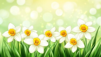 White daffodils in green grass, soft background.  Spring flowers in a gentle, glowing background
