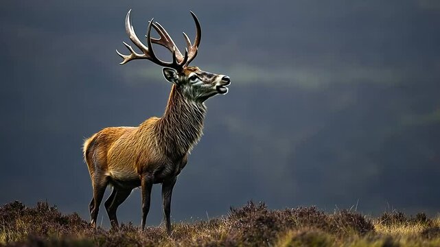 Majestic red deer stag with large antlers bellows in a dramatic, moody landscape